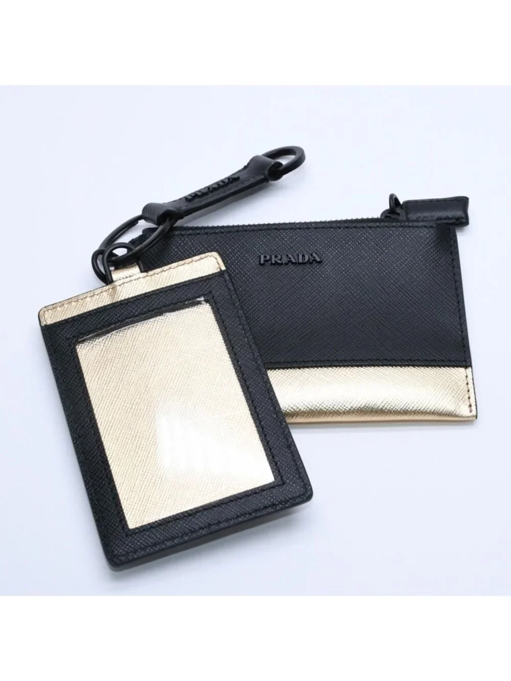 Prada Logo Coin Purse Card Curse Saffano Leather Black Gold